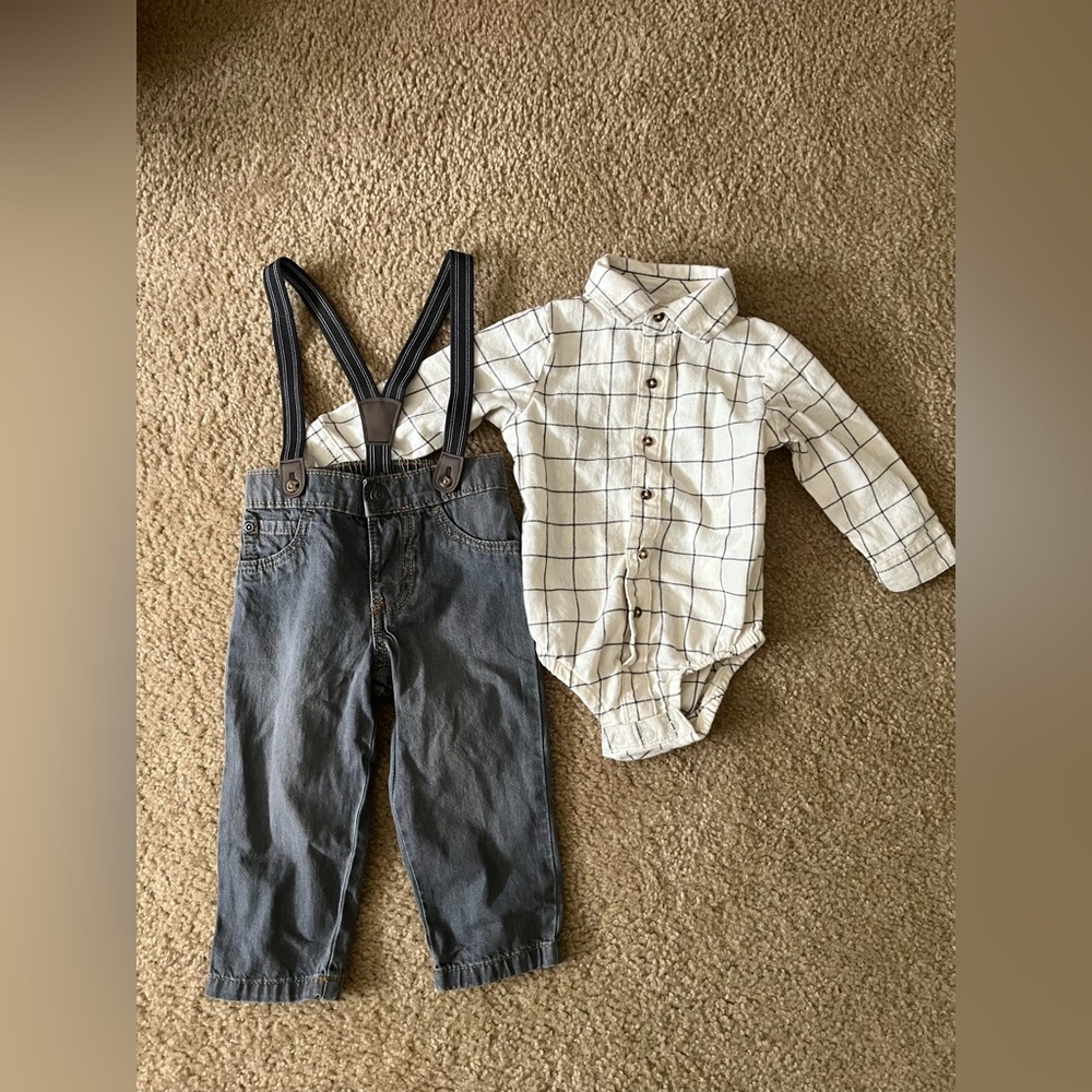 Carter's white plaid bodysuit/shirt and pants with suspenders set